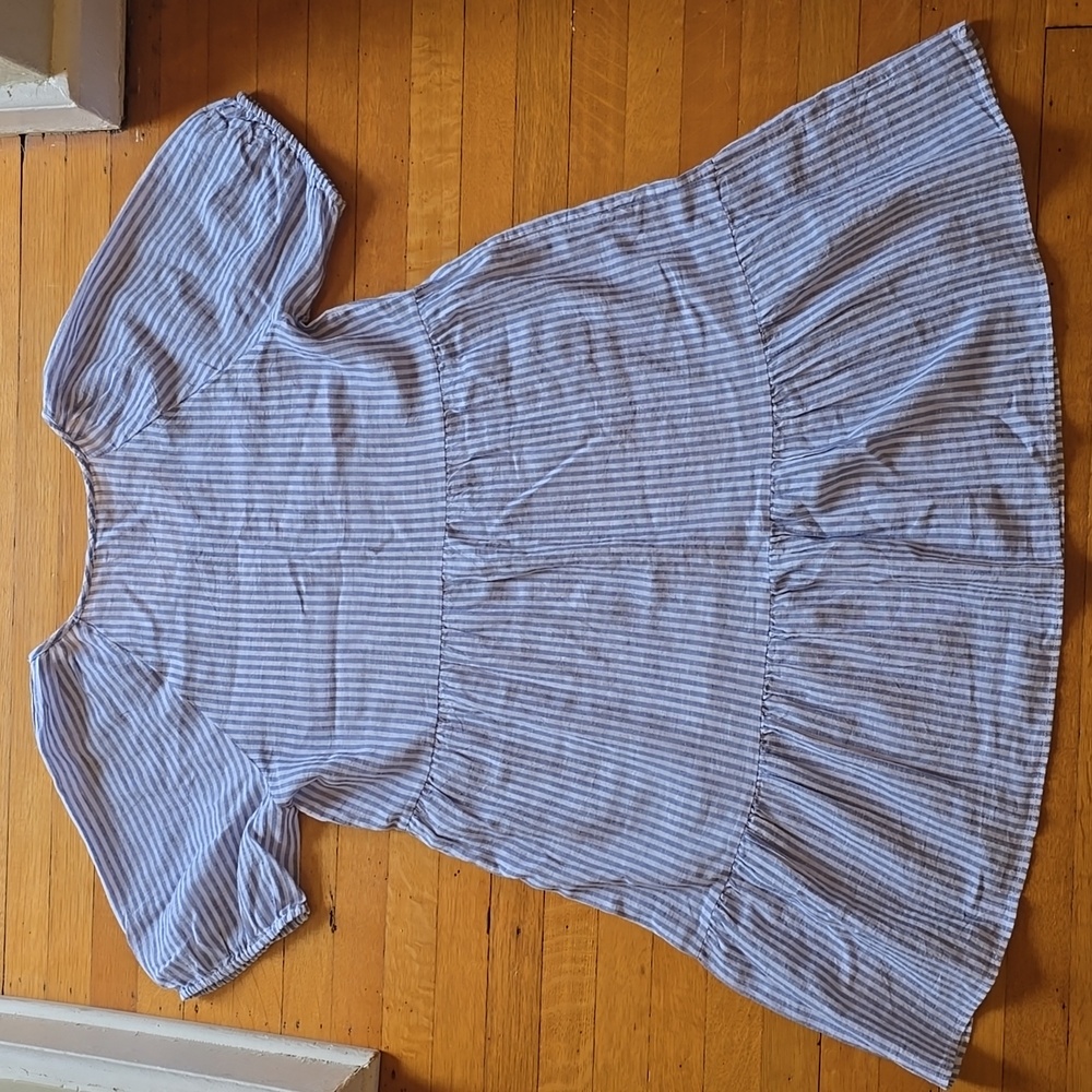 Beach Lunch Lounge, Luca Linen A-Line Prairie Dress, Striped Puff Sleeve, Size L - Picture 2 of 12